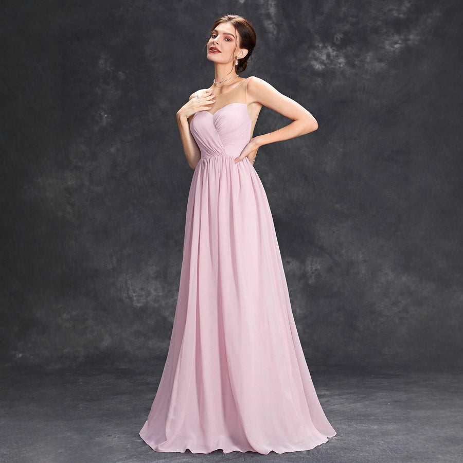 Pink Chiffon Strapless Bridesmaid Dress