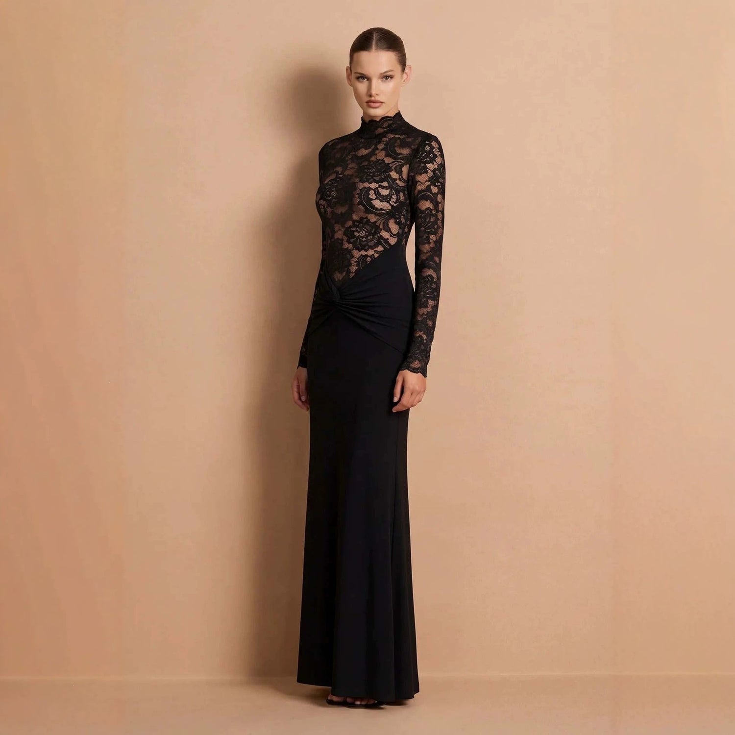 Black Lace Long Sleeve Mermaid Wedding Guest Dress