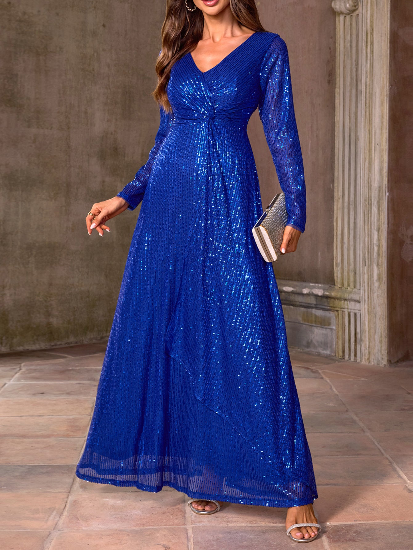 Blue Sequin Ball Gown Wedding Guest Dress