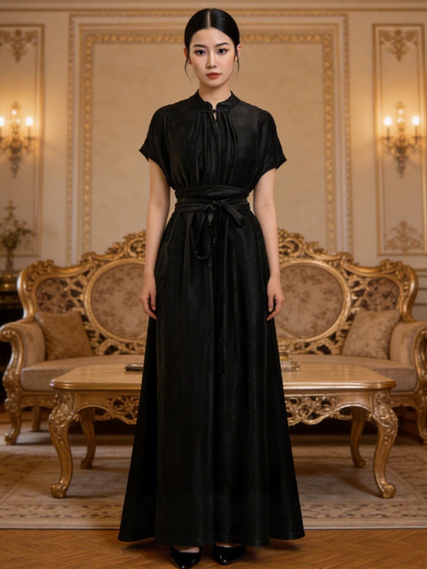 Black Satin Jacquard Plus Size Formal Dress