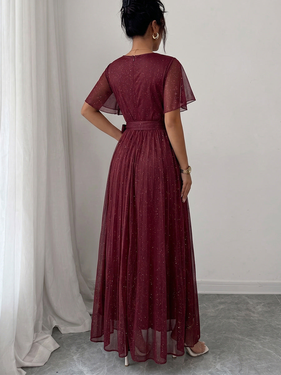 Burgundy V-Neck Wedding Guest Dress