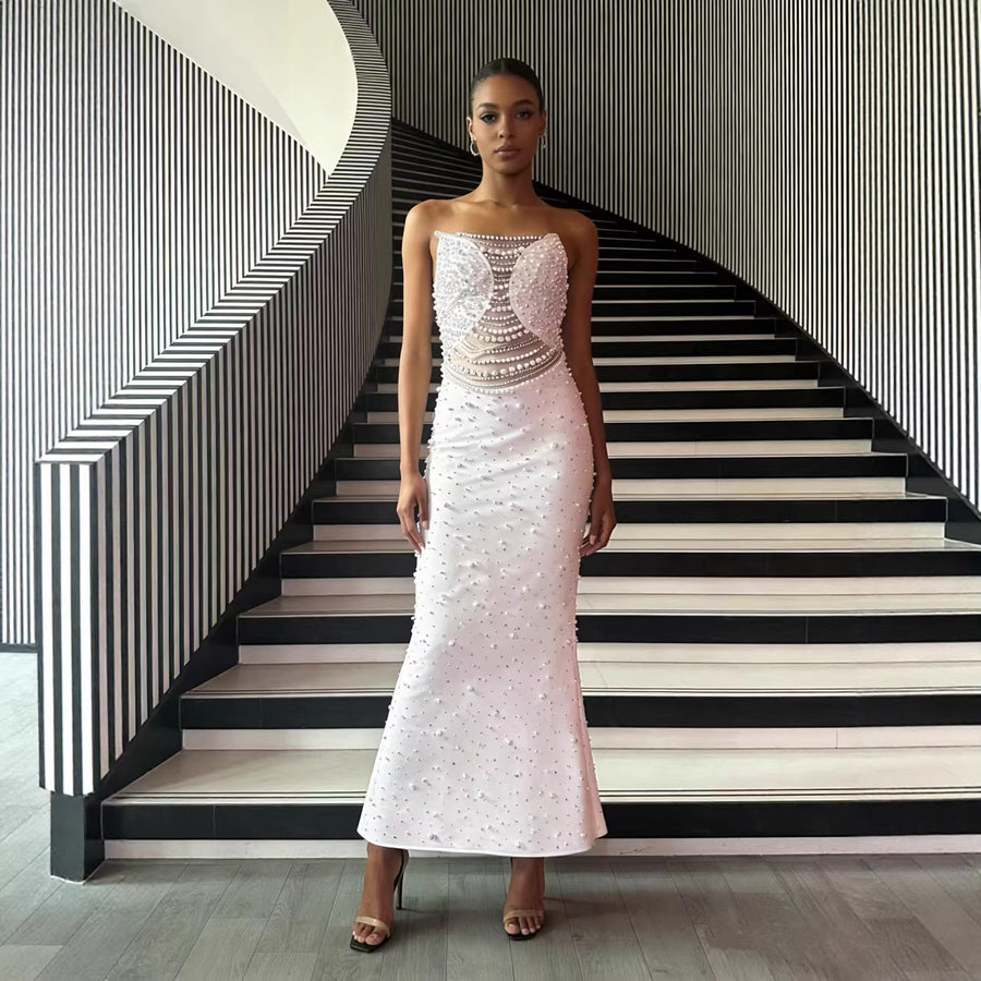 White Strapless Beaded Long Prom Dress