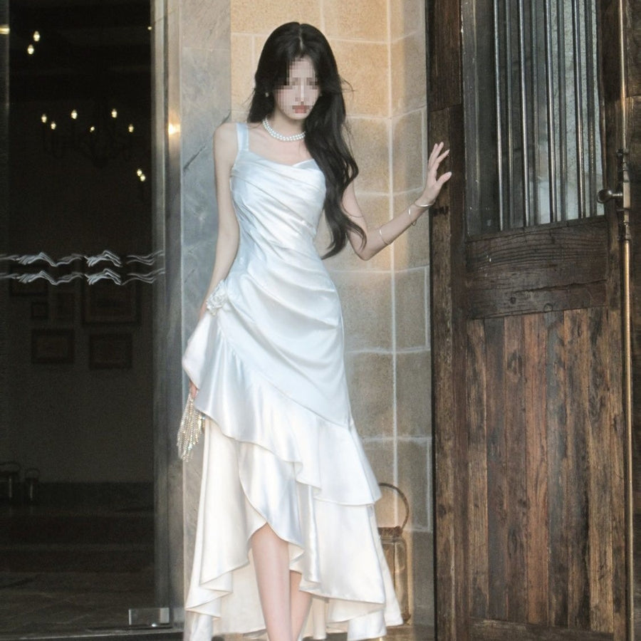 White Satin Spaghetti Strap Mermaid Graduation Dress