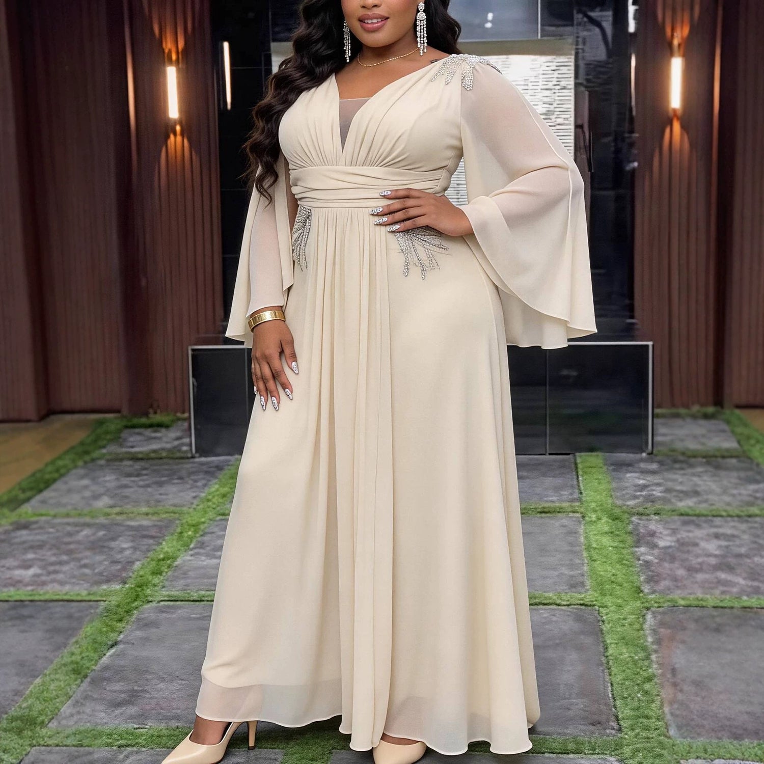 Champagne Chiffon V-Neck Plus Size Formal Dress