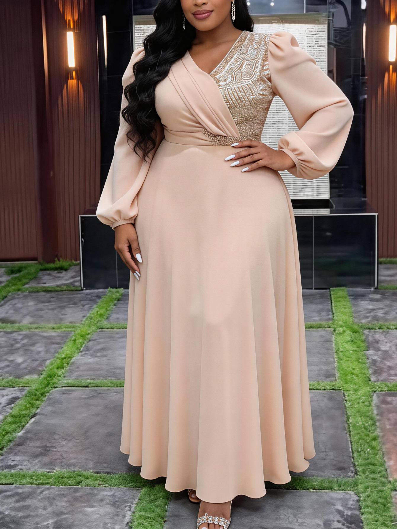 Champagne V-Neck Long Sleeve Plus Size Formal Dress