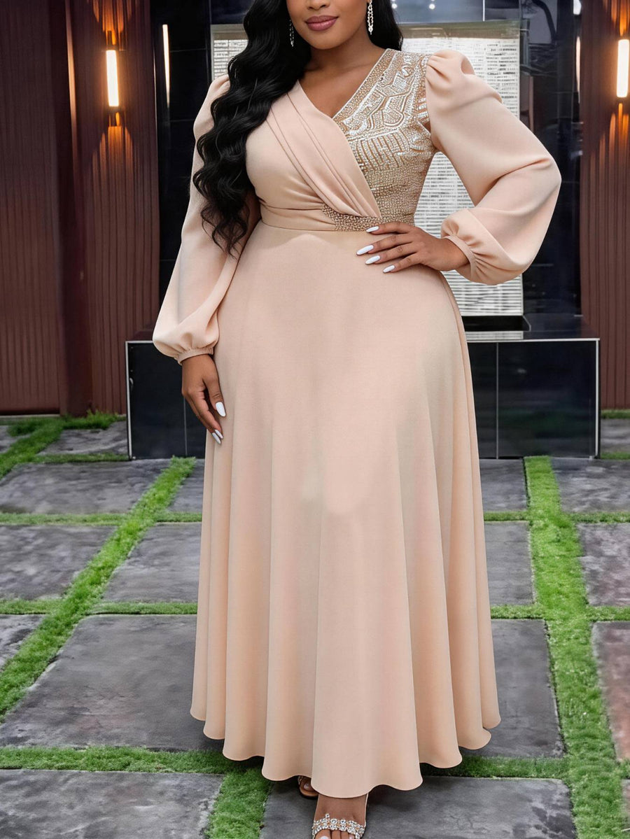 Champagne V-Neck Long Sleeve Plus Size Formal Dress