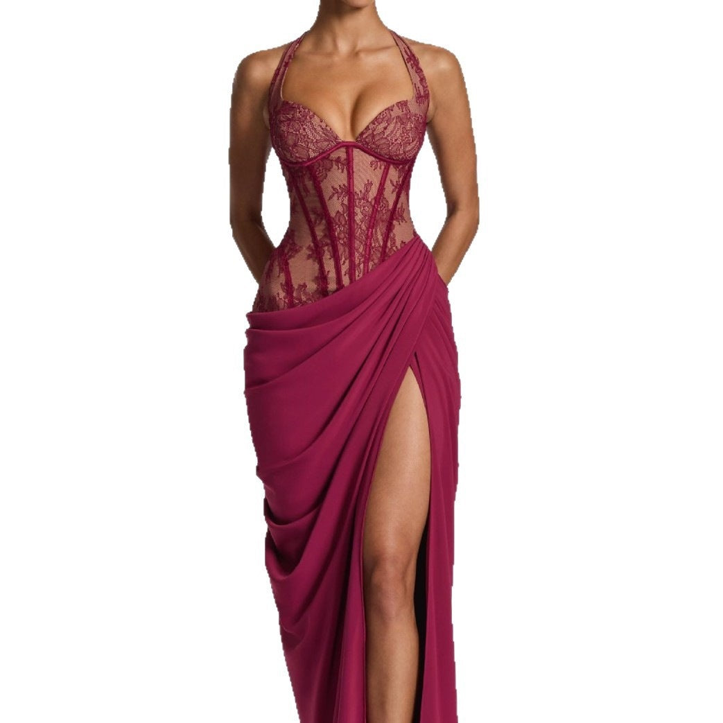 Burgundy Lace Halter Long Prom Dress