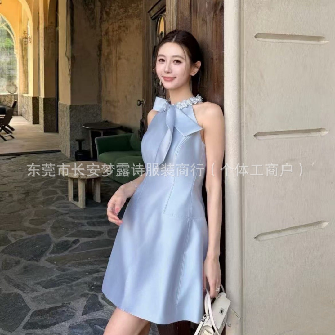 White Halter Beaded Graduation Dress