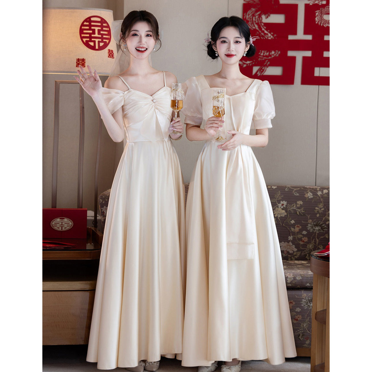Champagne Maxi Satin Bridesmaid Dress