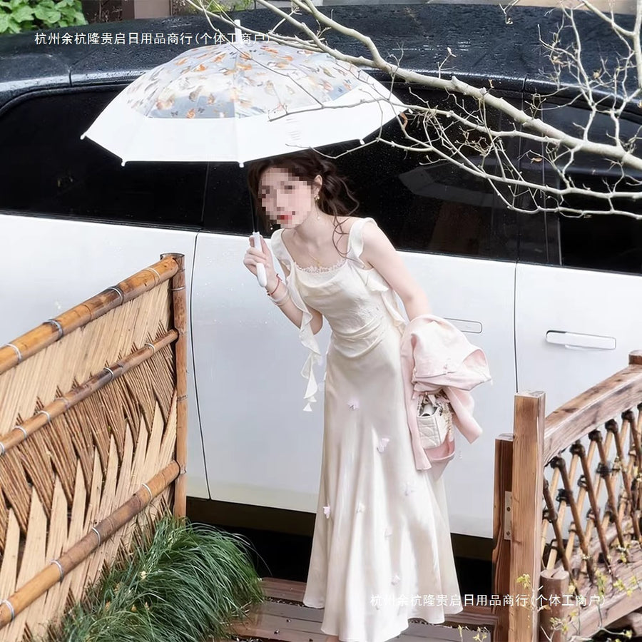 Beige Satin Spaghetti Strap Wedding Guest Dress