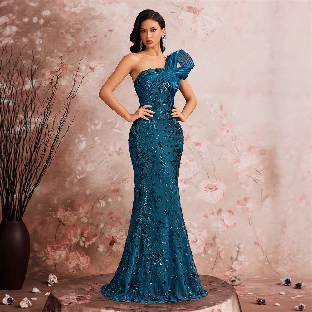 Blue One-Shoulder Sequin Long Prom Dress