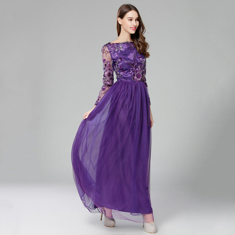 Purple Tulle Long Sleeve Long Prom Dress