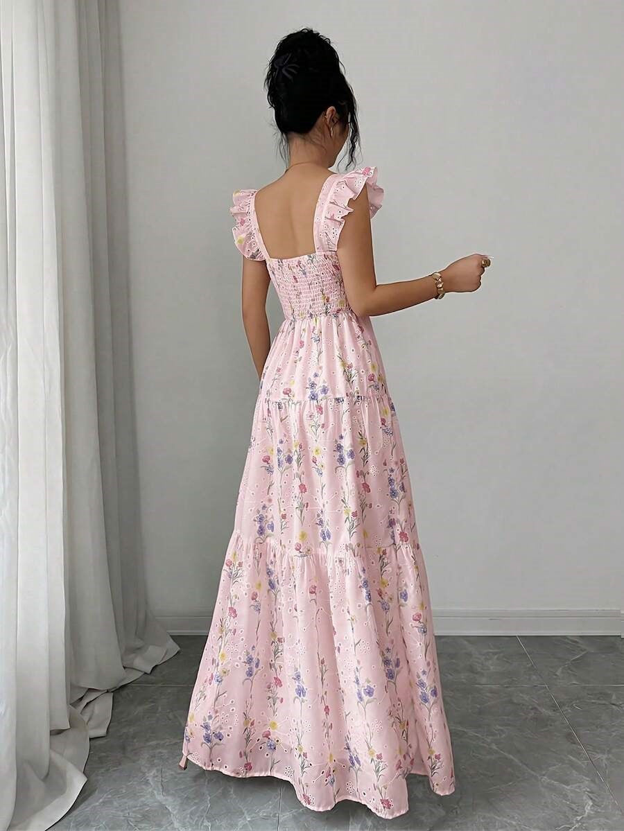 Pink Spaghetti Strap Square Neck Wedding Guest Dress