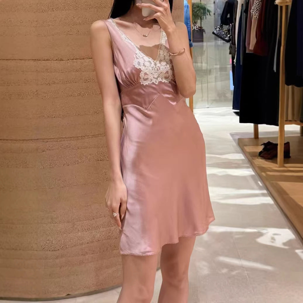 Pink Satin Lace Wedding Guest Dress