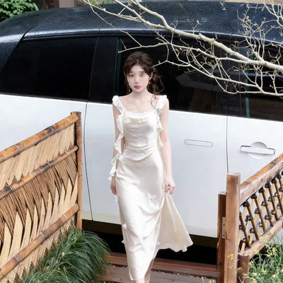 Beige Satin Spaghetti Strap Wedding Guest Dress