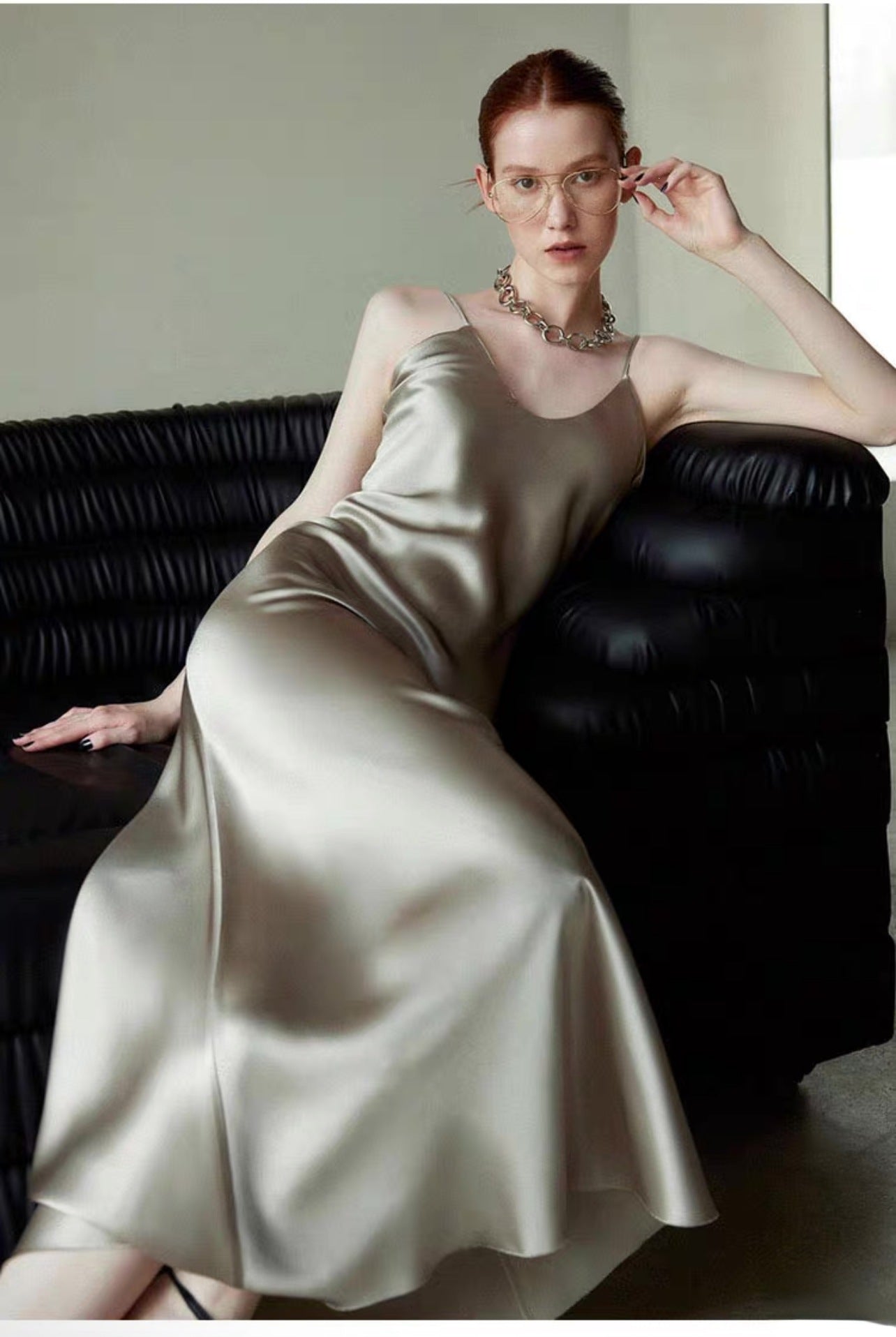 Black Satin Spaghetti Strap Wedding Guest Dress
