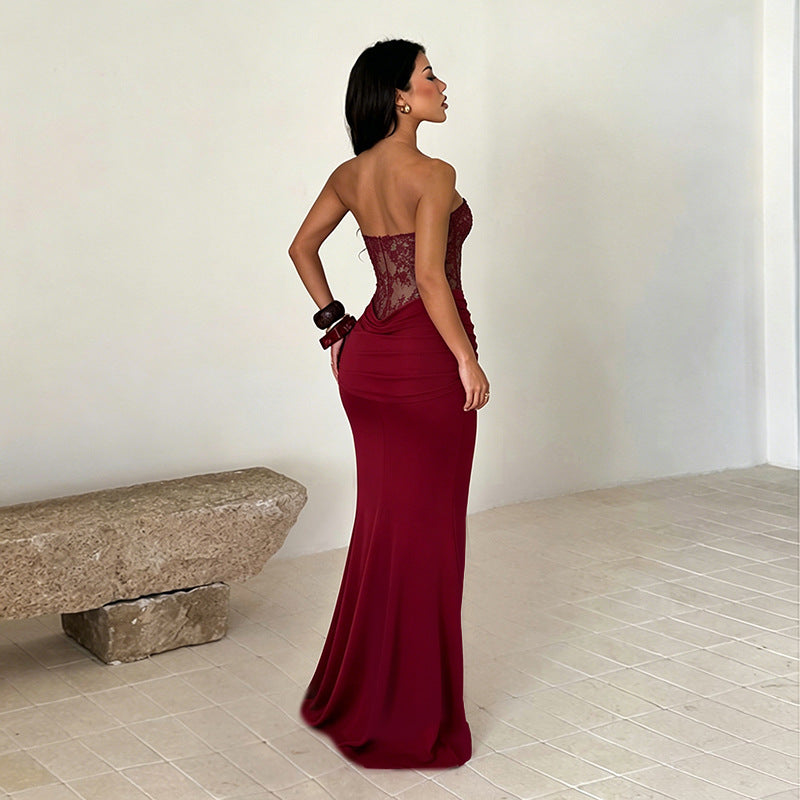 Burgundy Lace Strapless Long Prom Dress