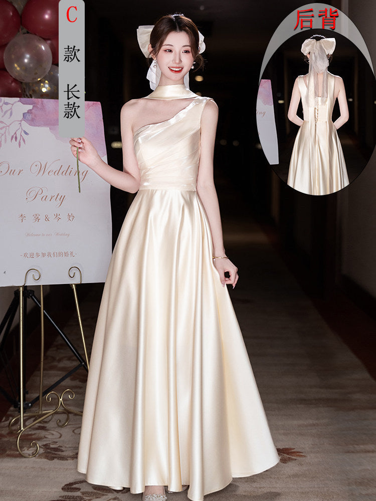 Champagne Maxi Satin Bridesmaid Dress