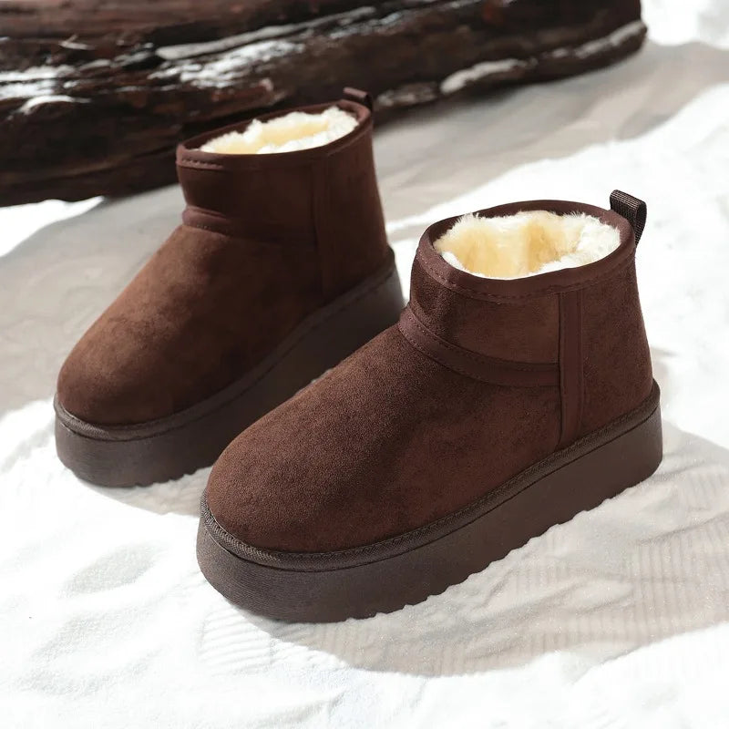 Brown platform mini winter boots with plush lining