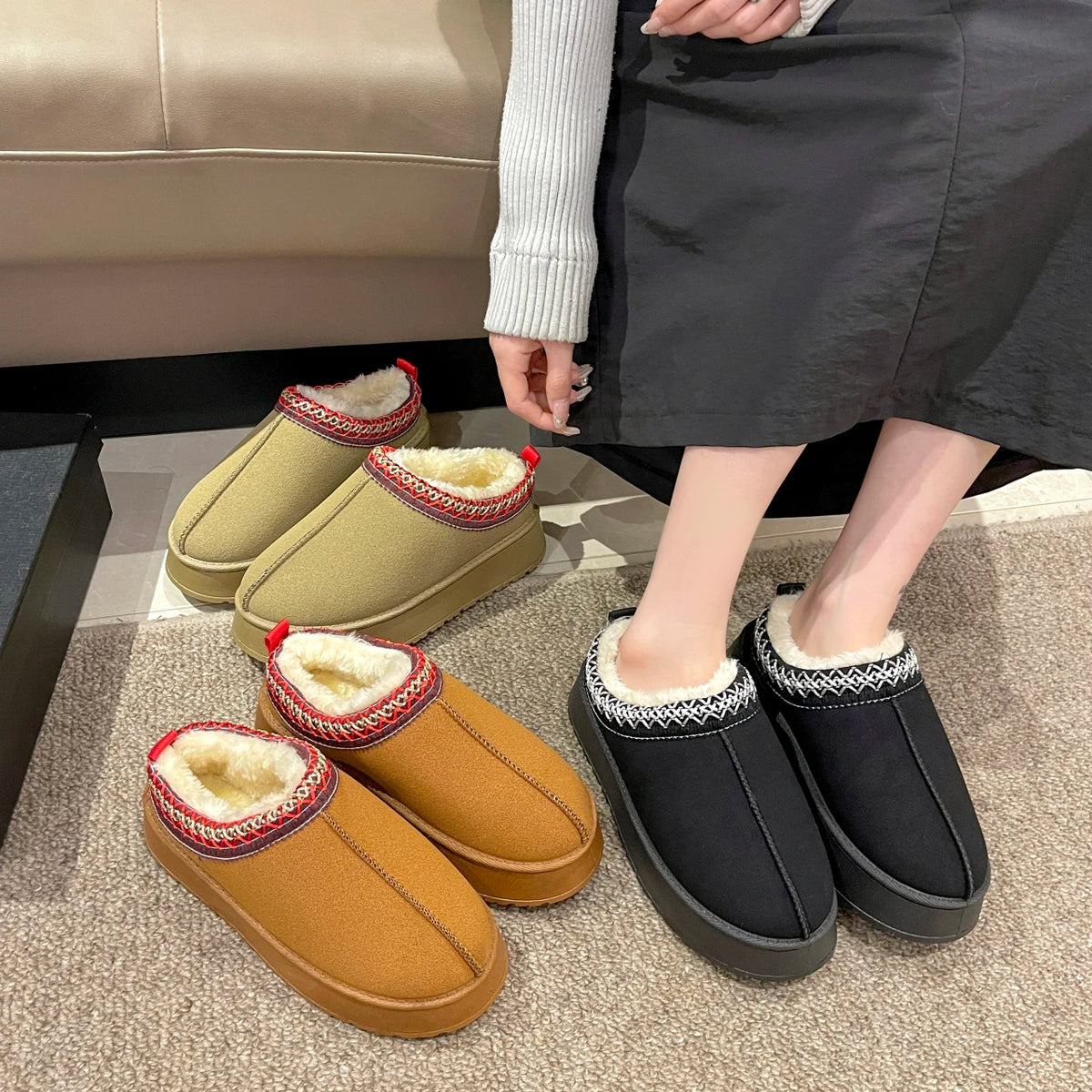 Platform slippers in khaki, tan and black