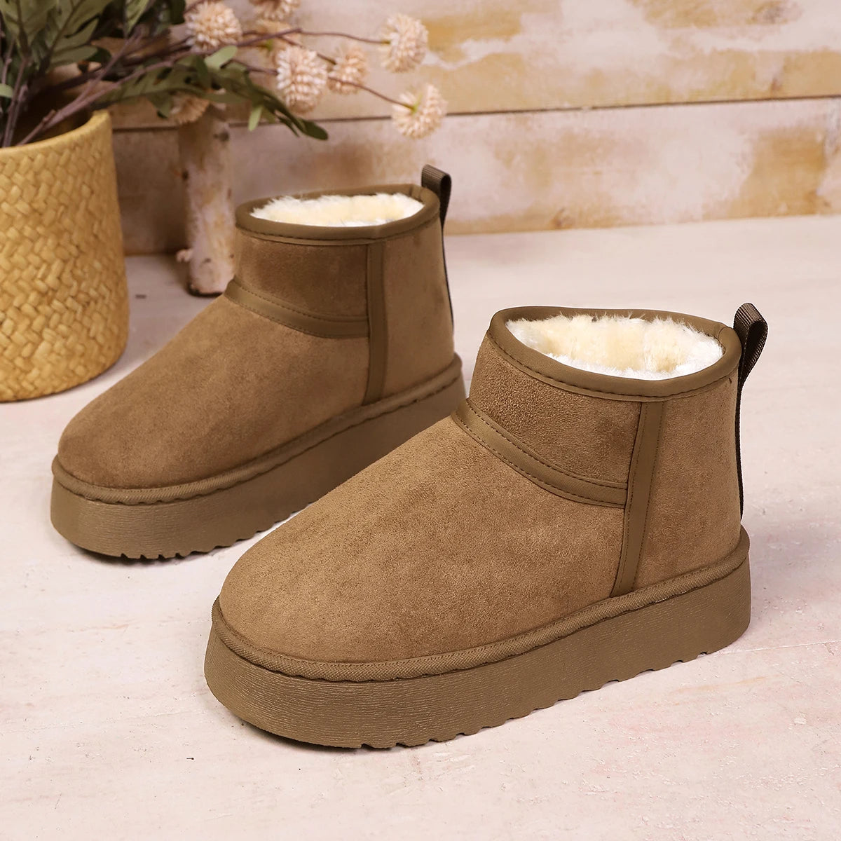 Camel platform mini boots, side view