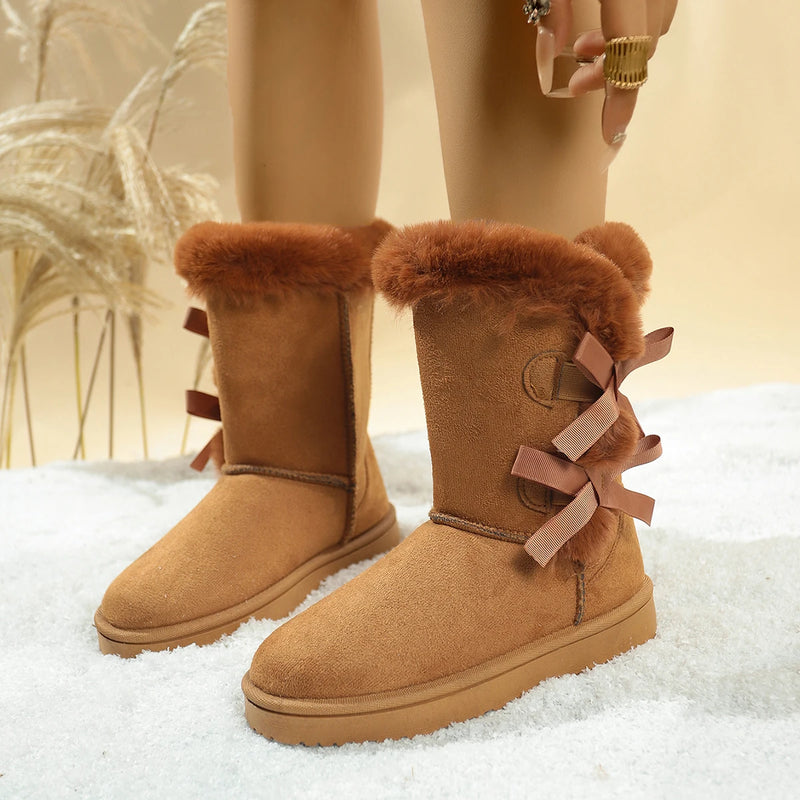 Bow Snow Boots, Faux Fur Trim Plush Lined Mid Calf Winter Boots