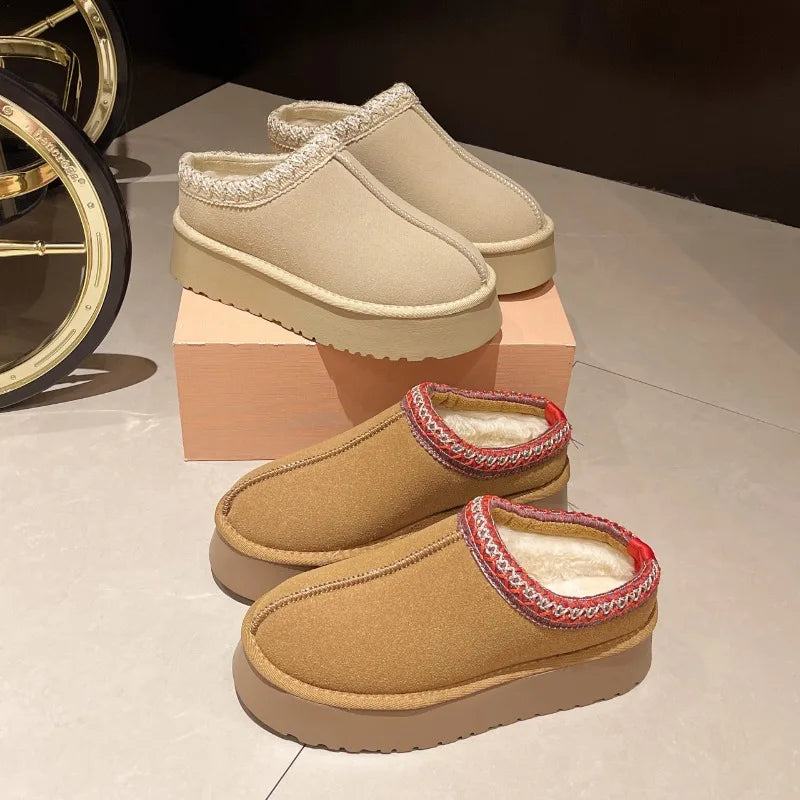 Women's platform slippers in cream and tan, fur lined with an embroidered collar