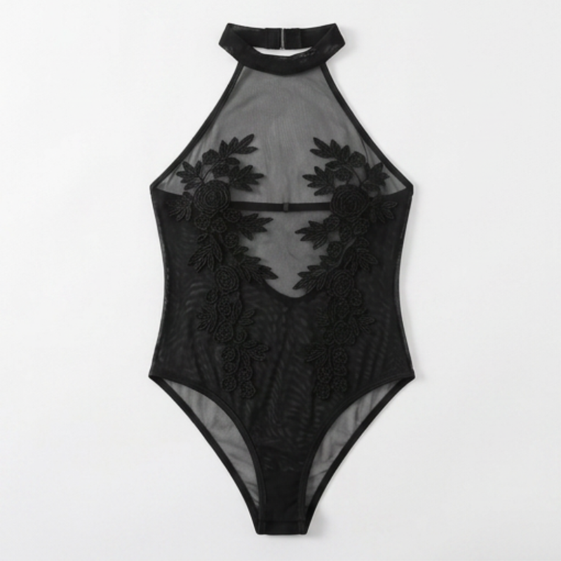 Sheer Halter Neck Floral Lingerie Set