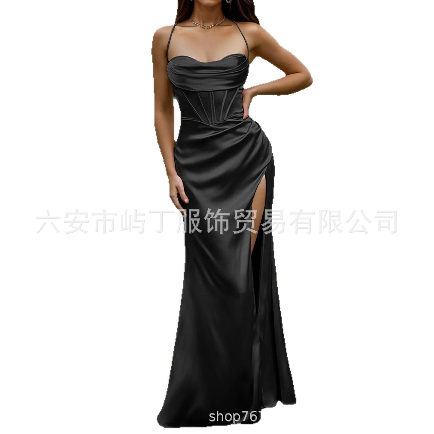 Black Satin Spaghetti Strap Bridesmaid Dress