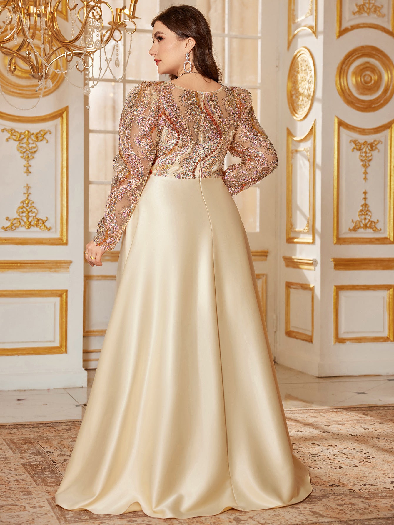 Apricot V-Neck Long Sleeve Plus Size Formal Dress