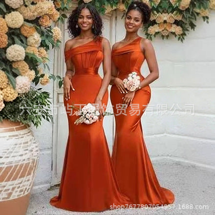 Caramel Satin One-Shoulder Bridesmaid Dress