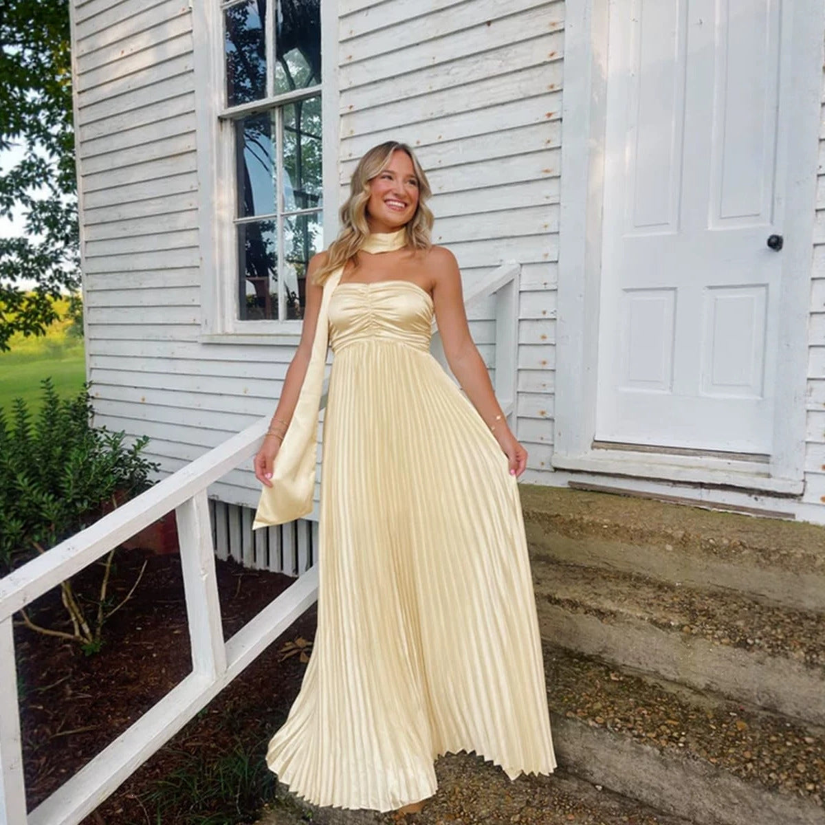 Champagne Satin Ruched Bridesmaid Dress