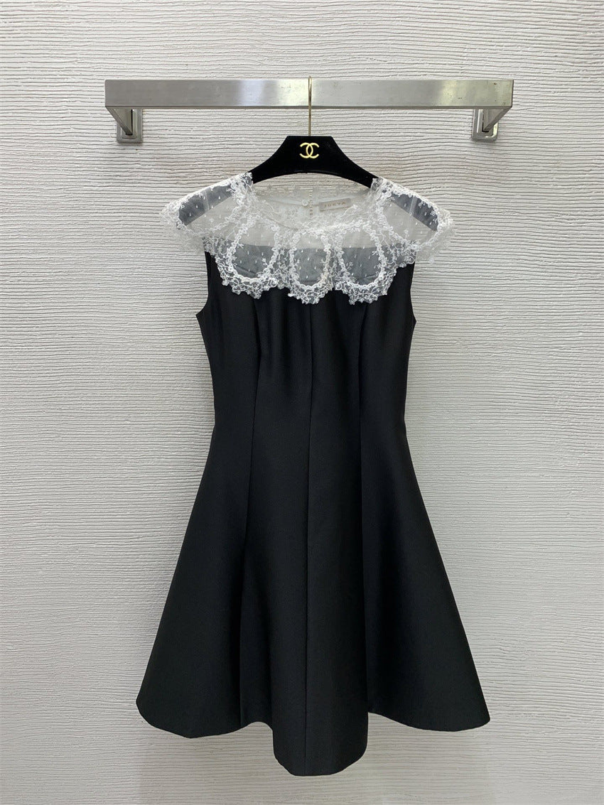 Black Satin Lace Short Homecoming Dress