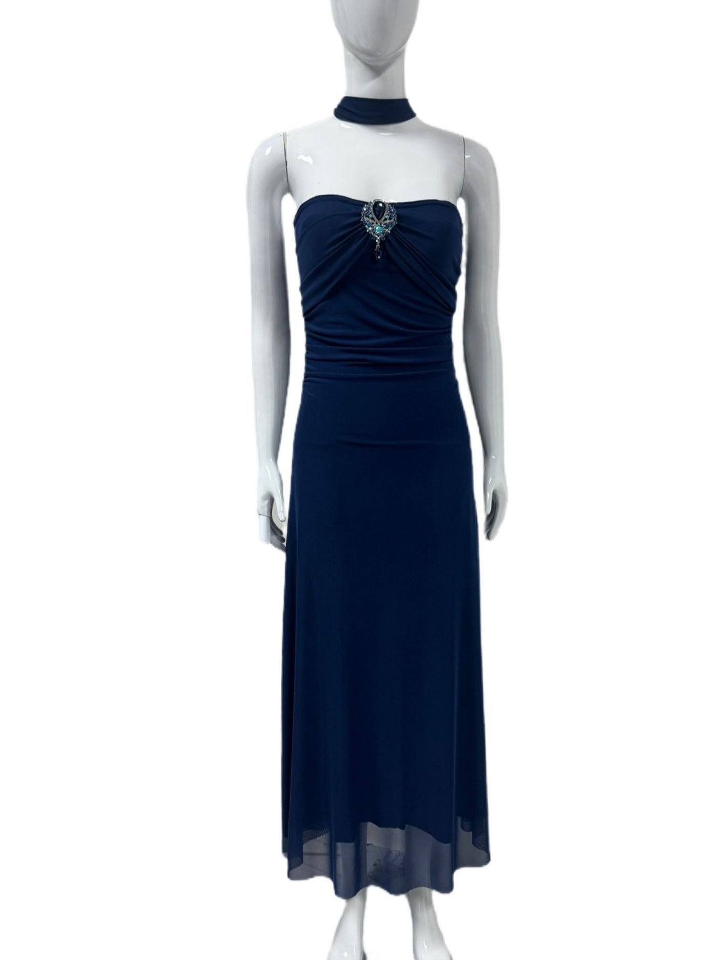 Blue Tulle Strapless Long Prom Dress