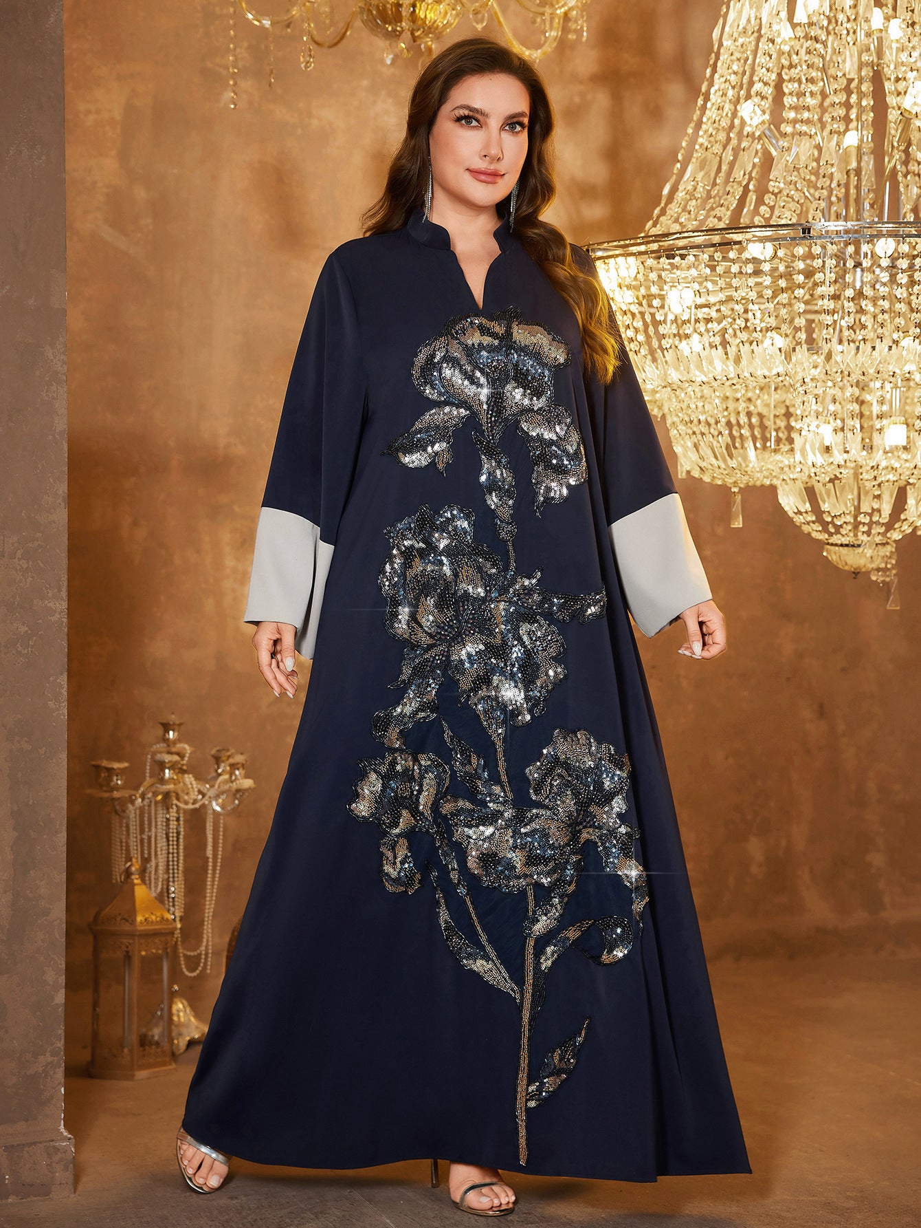 Navy Satin V-Neck Plus Size Formal Dress