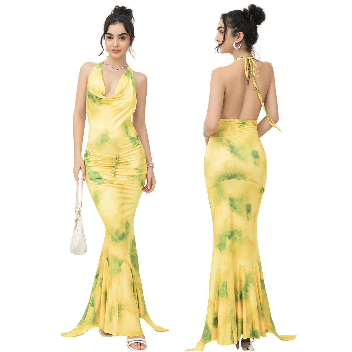 Yellow Halter Spaghetti Strap Long Prom Dress