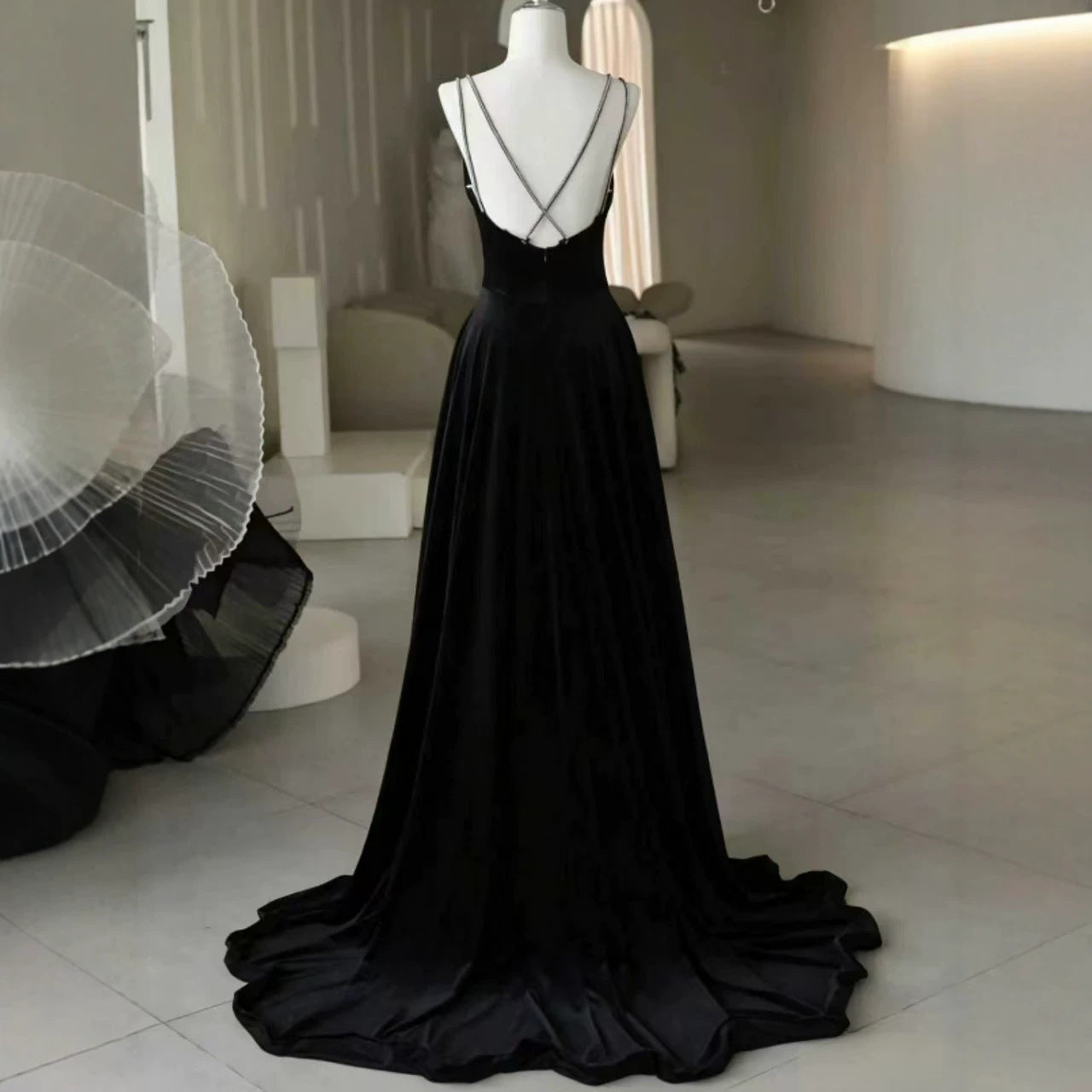 Black Satin V-Neck Bridesmaid Dress