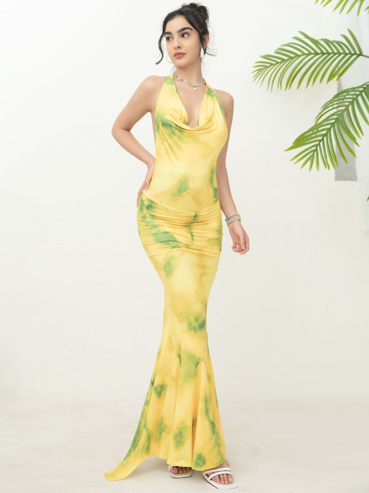 Yellow Halter Spaghetti Strap Long Prom Dress