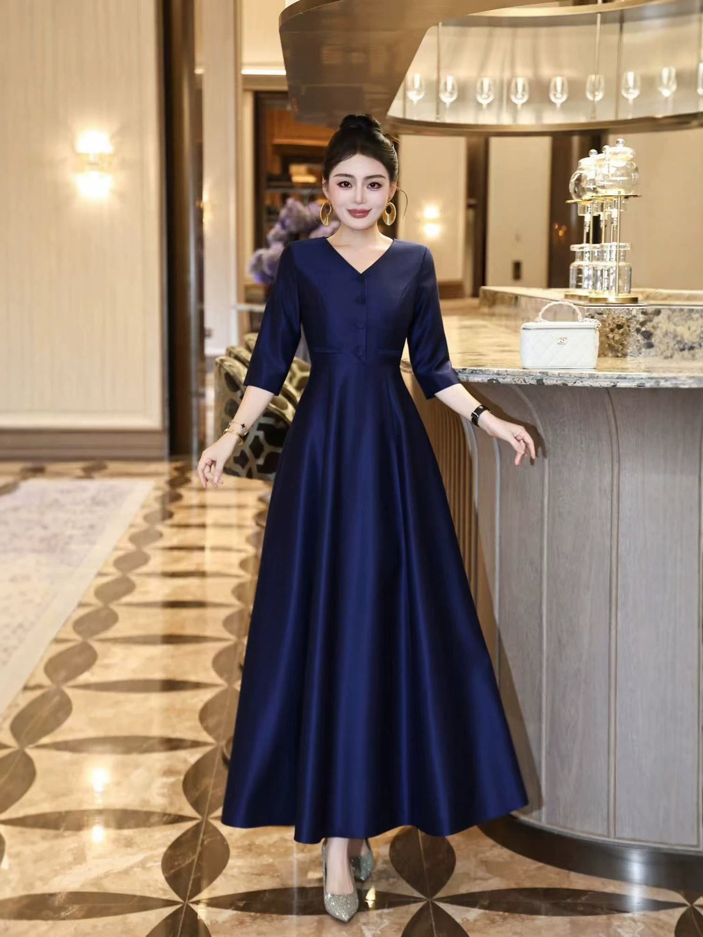 Blue V-Neck Ball Gown Long Prom Dress