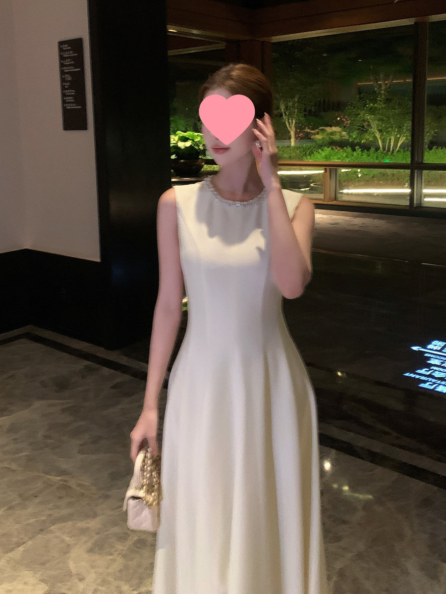 White Sleeveless Ball Gown Long Prom Dress