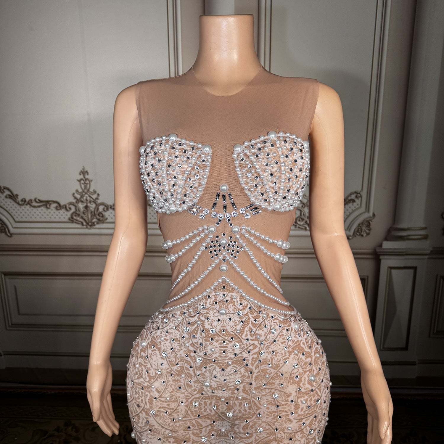 White Rhinestone Pearl Wedding Guest Dress