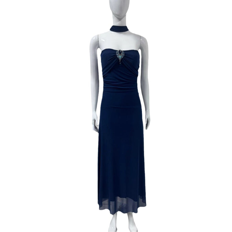 Blue Tulle Strapless Long Prom Dress