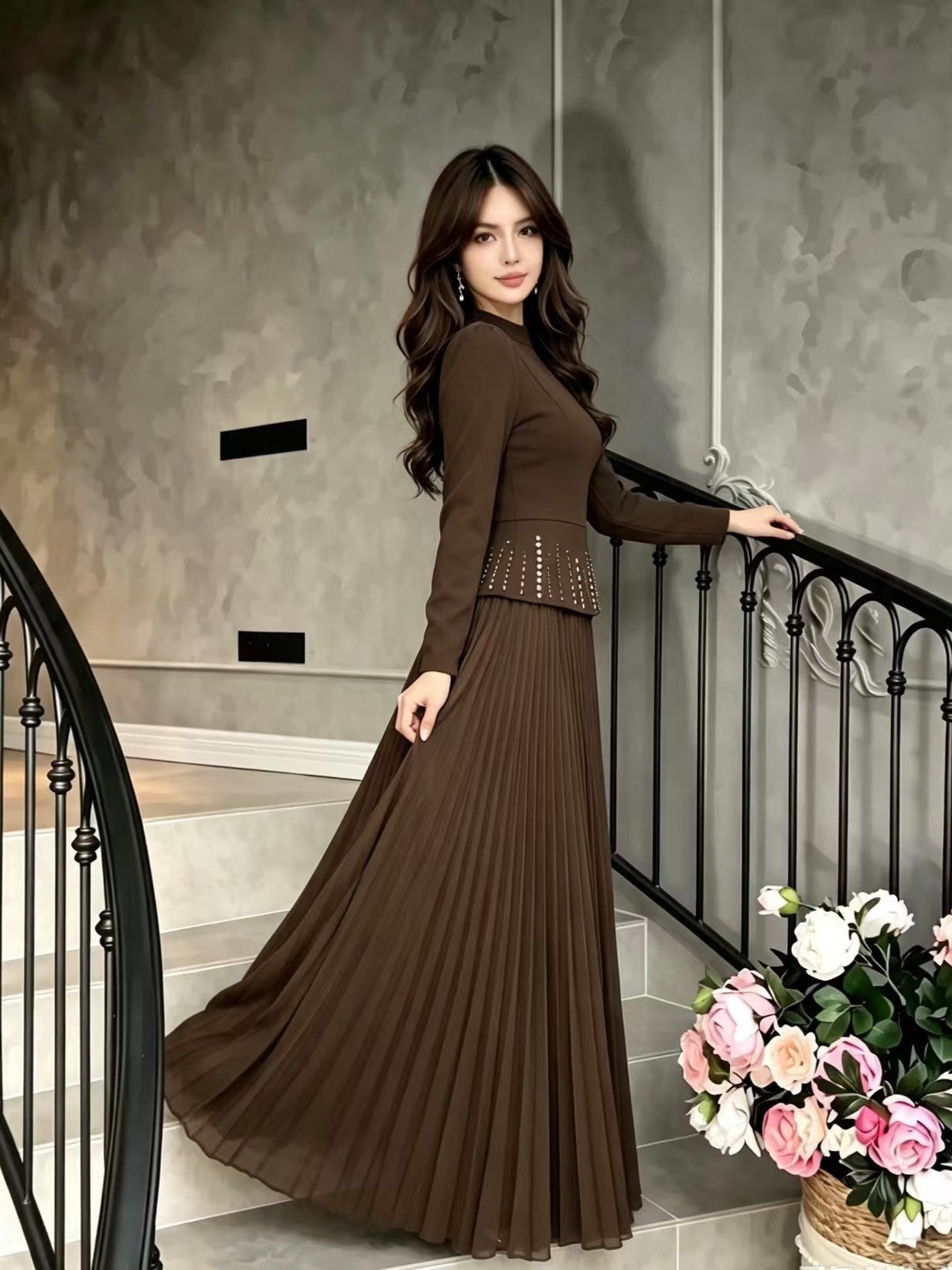 Burgundy Long Sleeve Rhinestone Long Prom Dress