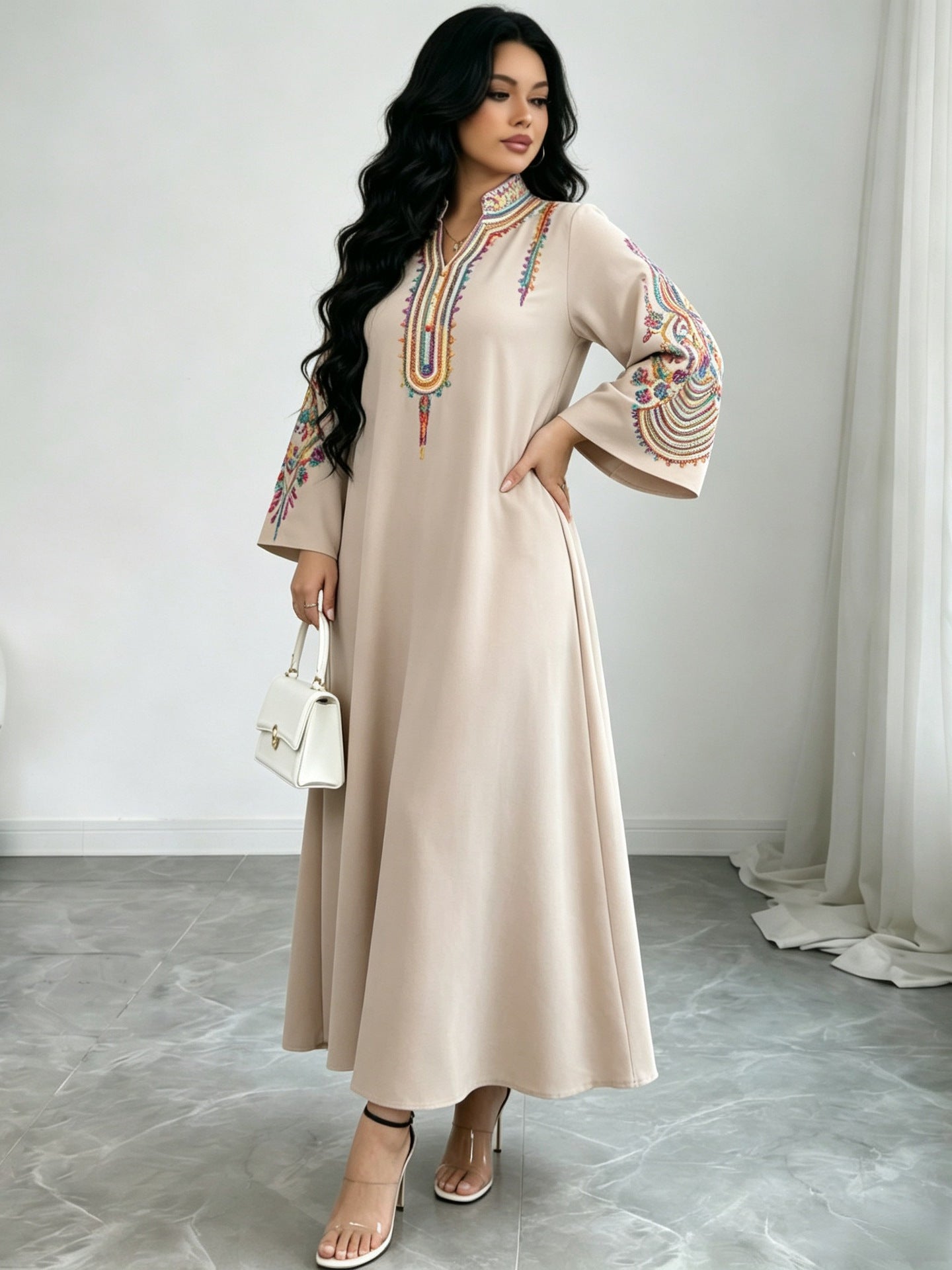 Khaki Embroidered Long Prom Dress