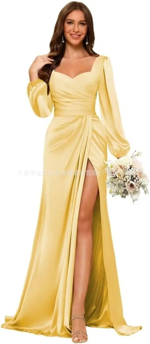 Satin V-Neck Slit Bridesmaid Dress