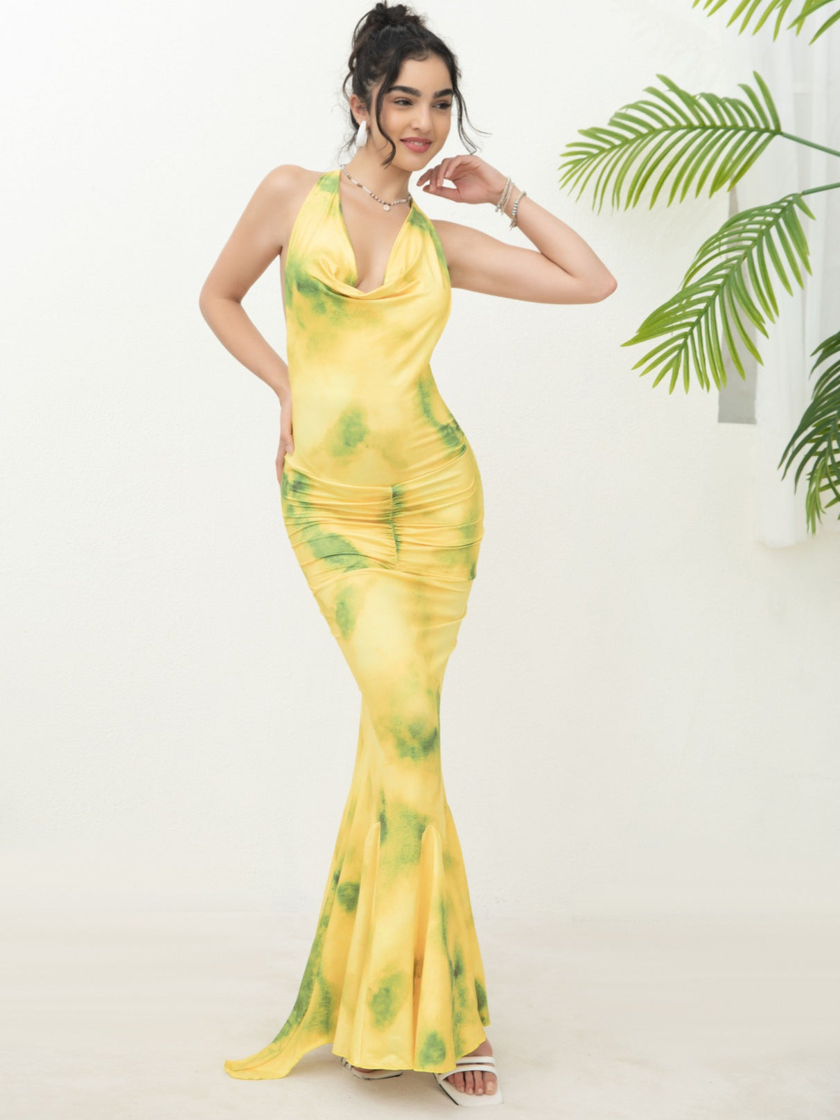 Yellow Halter Spaghetti Strap Long Prom Dress