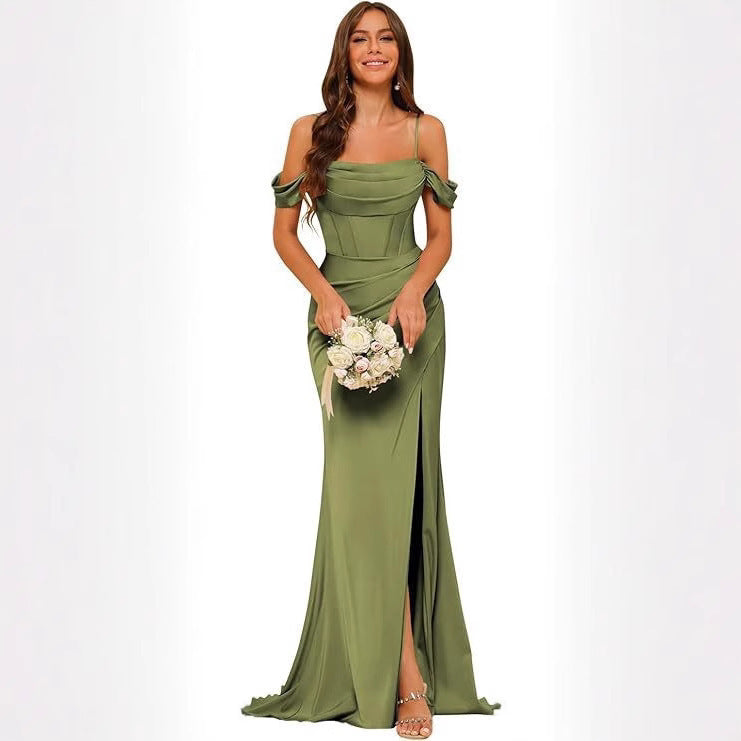 Satin Off-Shoulder Corset Slit Bridesmaid Dress