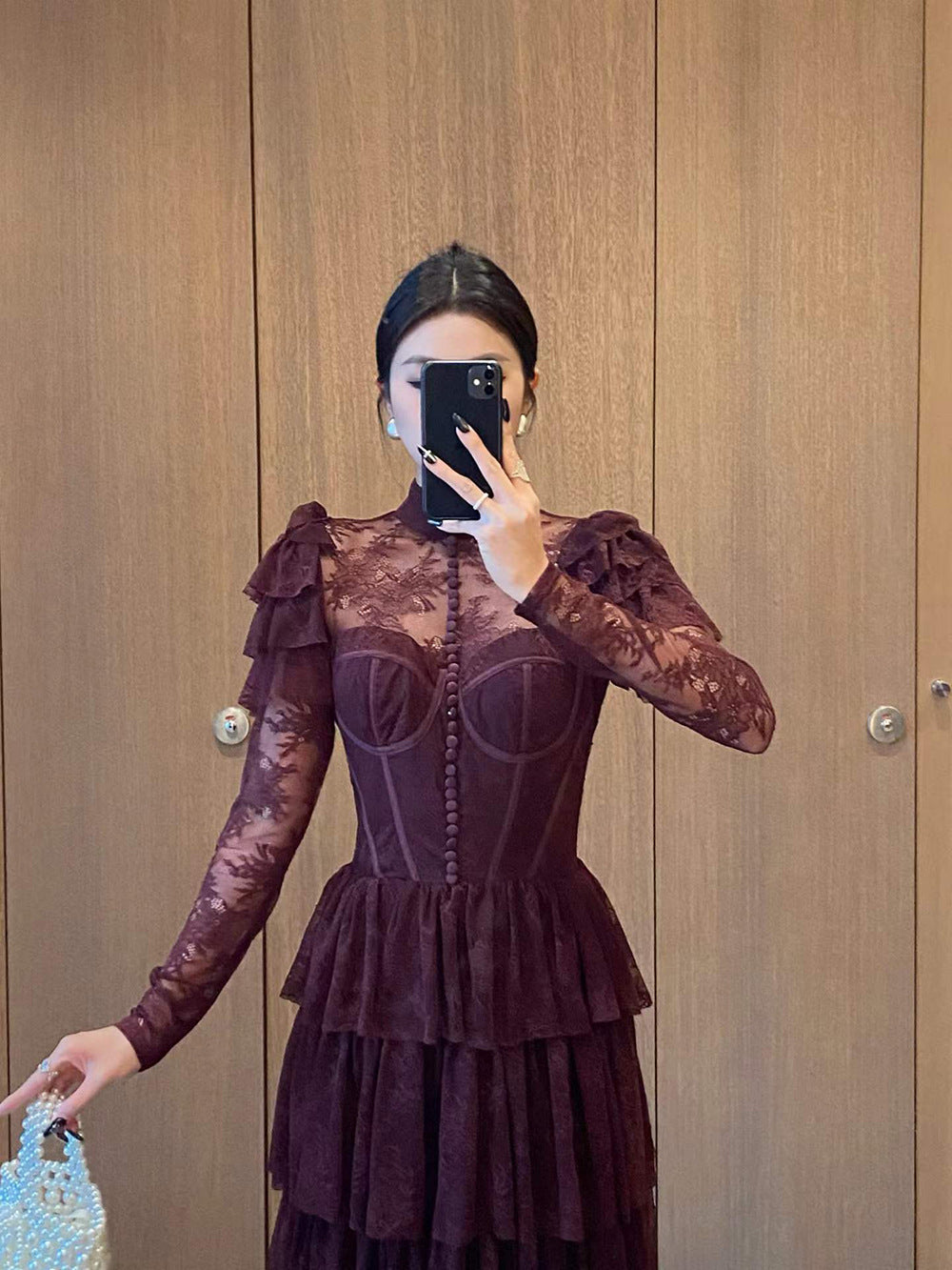 Lace Stand Collar Long Prom Dress