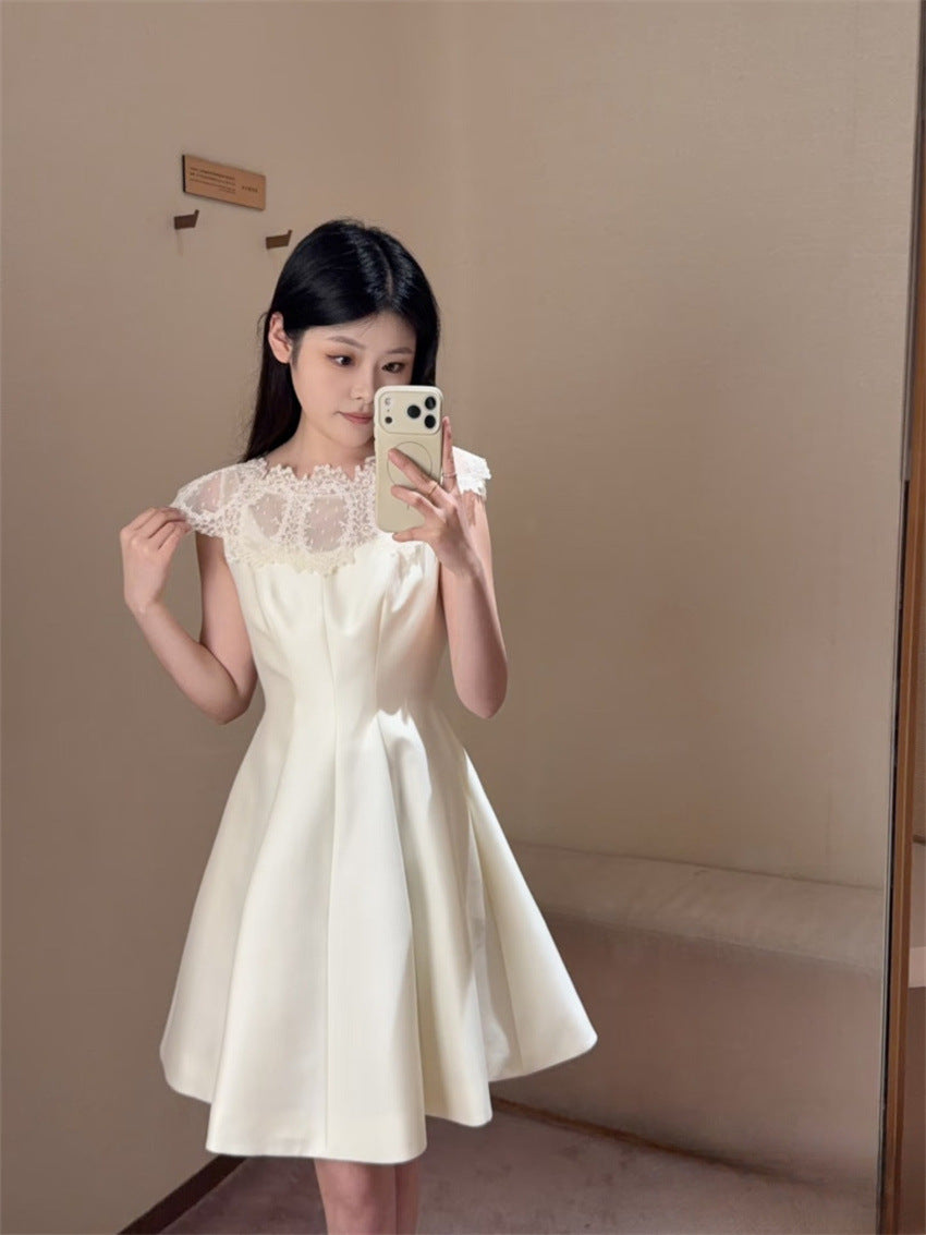Black Satin Lace Short Homecoming Dress