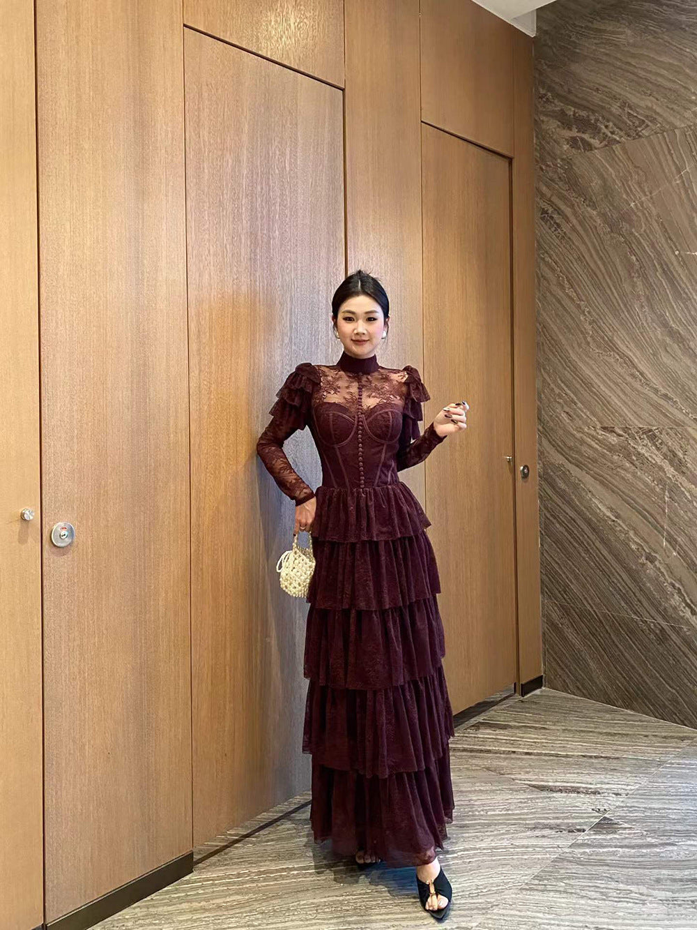 Lace Stand Collar Long Prom Dress